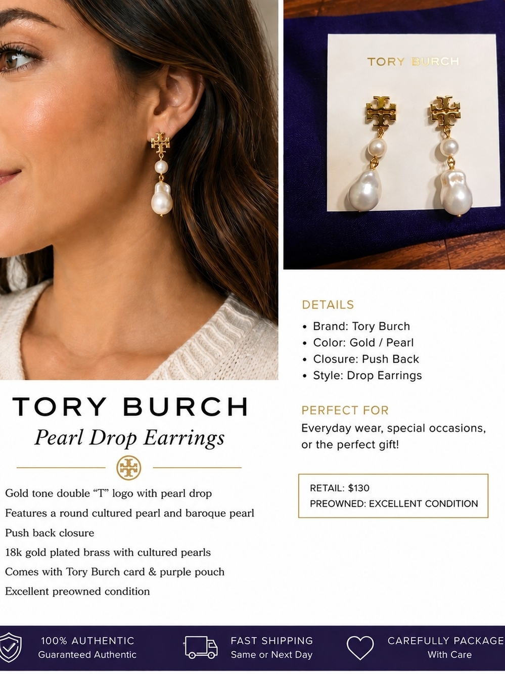 Tory Burch Gold Logo and White Pearl Drop Earrings W/ Bag